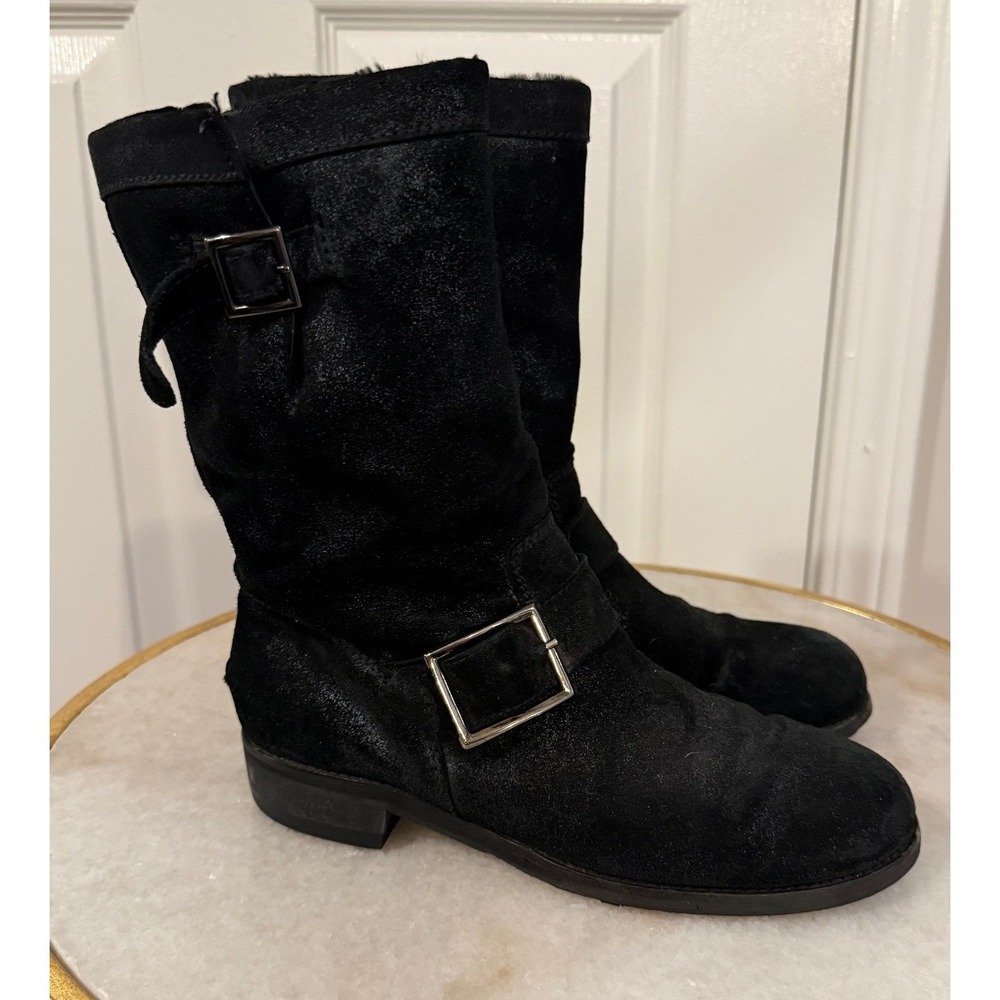 Jimmy Choo Black Suede Buckle‎ Moto Biker Boots Made in Italy Size 36
